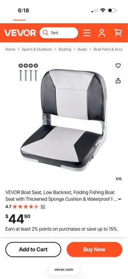 VEVOR Boat Seat, Low Backrest, Folding Fishing Boat Seat with Thickened Sponge Cushion & Waterproof PVC Leather, Aluminum Alloy Hinges, Flip Up Boat S