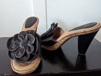 Born Crown: Brand New Black genuine leather flower & cork slip on heels. Size 8