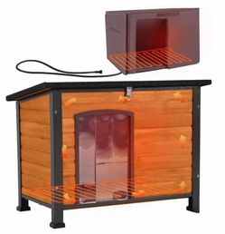 AIR74-IN-HP Heated Outdoor Dog House with Heating Pad & Insulated Liner, Winter Weatherproof Anti-Chewing Dog Kennel, Iron, Brown