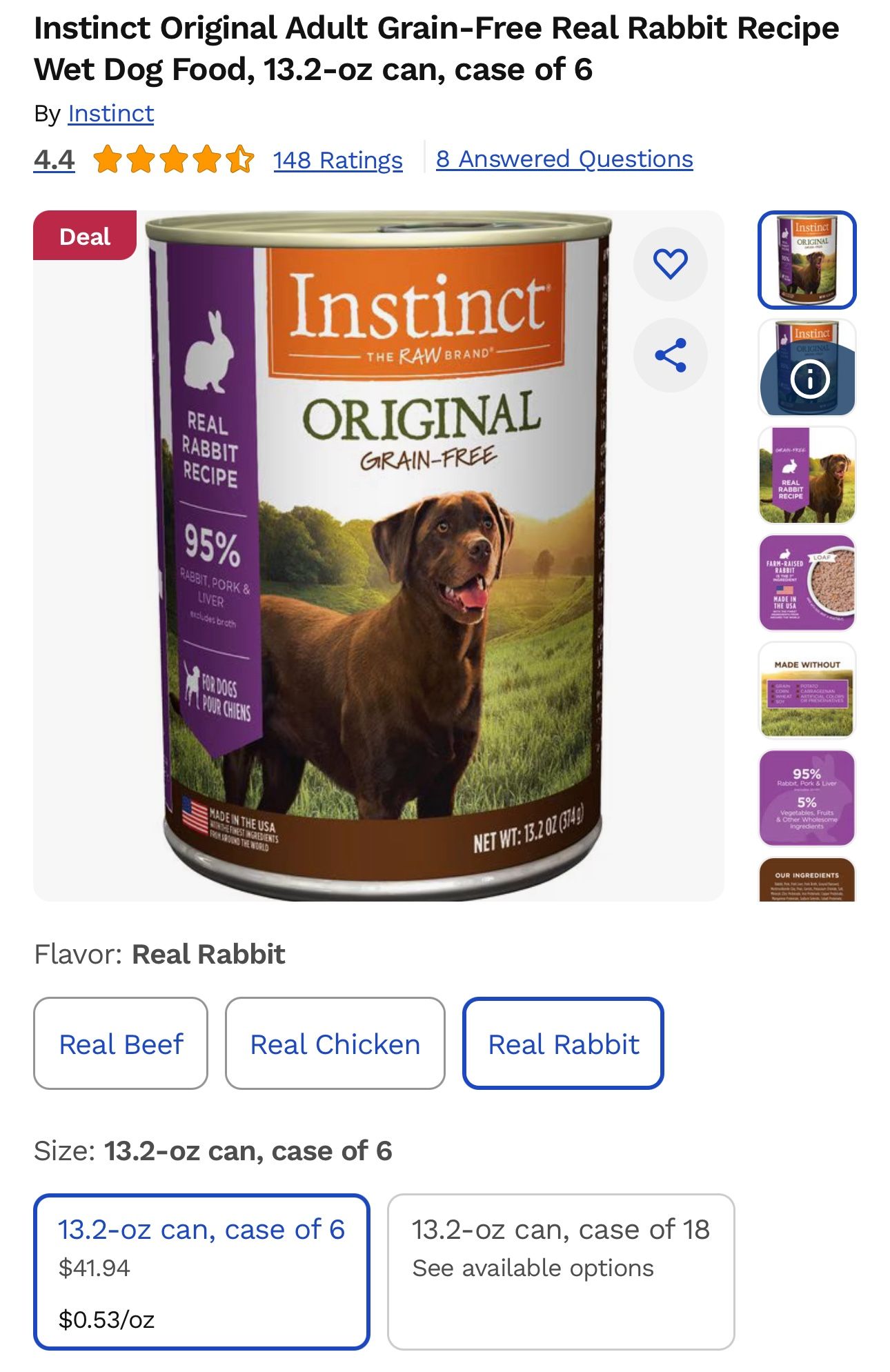 New 6 pack of Instinct wet dog food real rabbit recipe