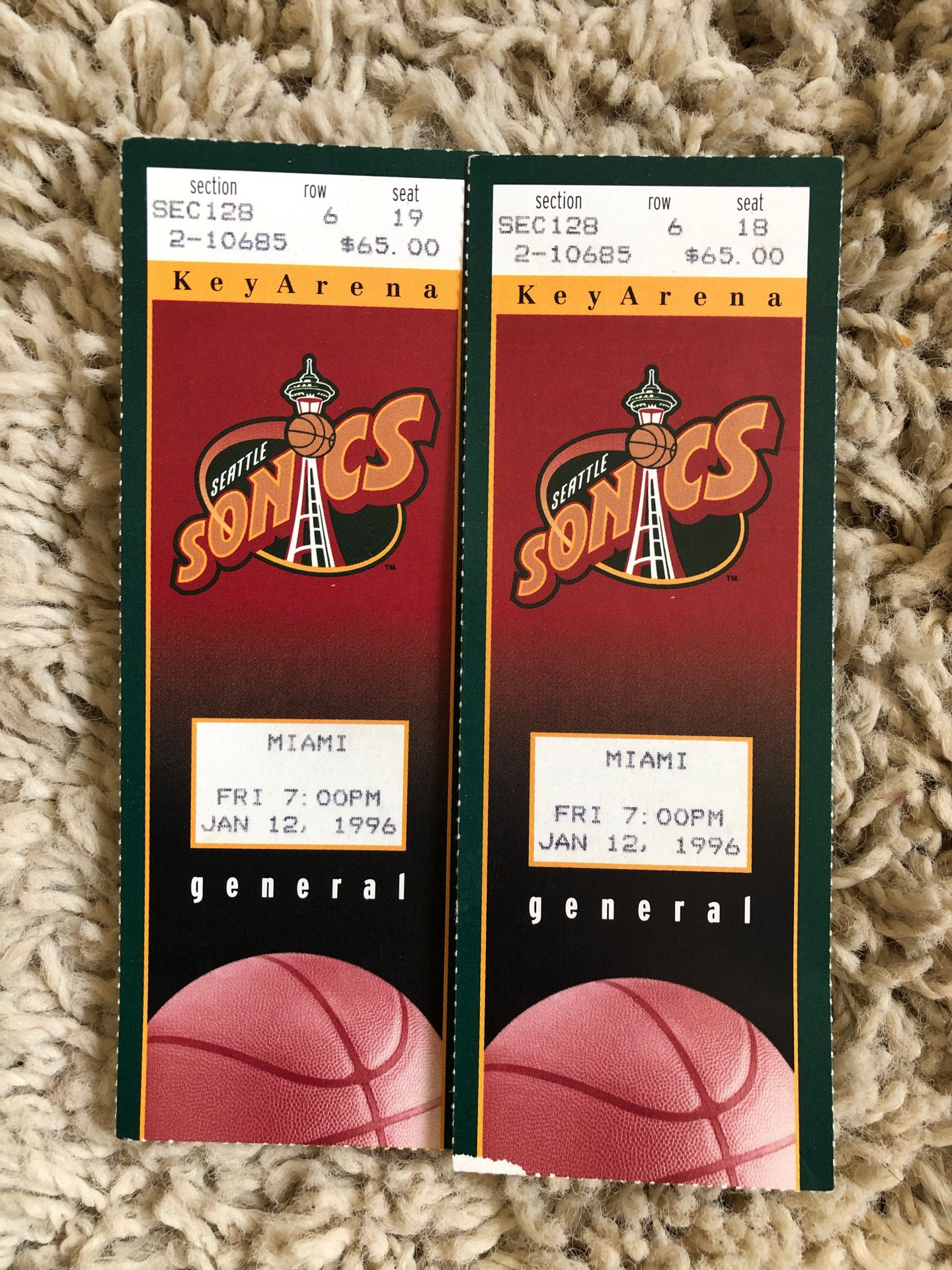 Seattle SuperSonics ticket stubs Jan 12th 1996!