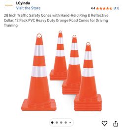 28 Inch Traffic Safety Cones with Hand-Held Ring & Reflective Collar, 12 PVC Heavy Duty Orange Road Cones for Driving