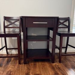 3-Piece Drop-Leaf Kitchen Island Set – Dark Wood – Includes 2 Chairs & Storage