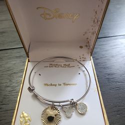 DISNEY Mickey Crystal Stainless Steel Charm Bracelet in 14K Gold Flash Plated