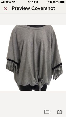 XL 3/4 fringed embellished sleeve sweater tie front Gray with black band of embroidery / beads Raw hem