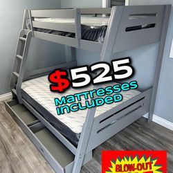 TwiN/Full Gray Bunk bed w. Drawers & Ortho Mattresses Included