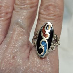 Signed Sterling Ring Sz.8. Inlaid With Turquoise, Coral, and Onyx