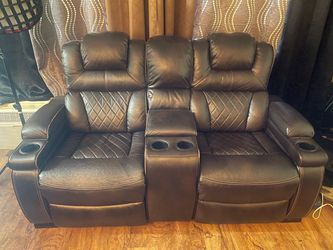 Brown Leather Recliner Loveseat with Cup Holders