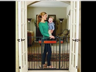 Baby gate extra tall opening up to 42 inches wide 37 inches high. It is new