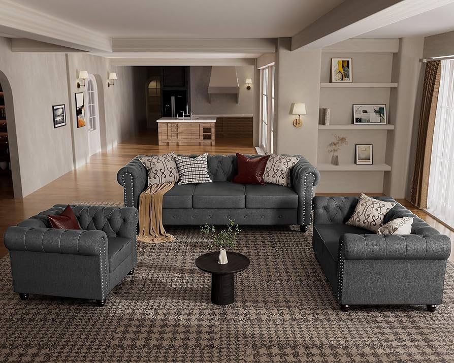 3 Piece Classic Chesterfield 6-Seater Set, Tufted Chair & Loveseat & Sofa Solid Wood Legs Thick Cushion, Pet-Friendly Couch Set Furniture for Living R