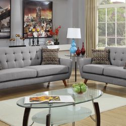 Brand New Light Grey Retro Style Sofa & Loveseat 