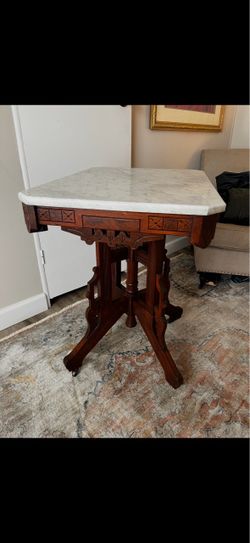Antique Walnut Eastlake Victorian Tetrapod Marble Top Table