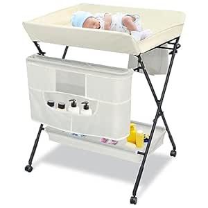 NEW Portable Baby Changing Table with Wheels, Adjustable Height Diaper Station with Safety Belt, Newborn and Infant Foldable Nursery Organizer | Large