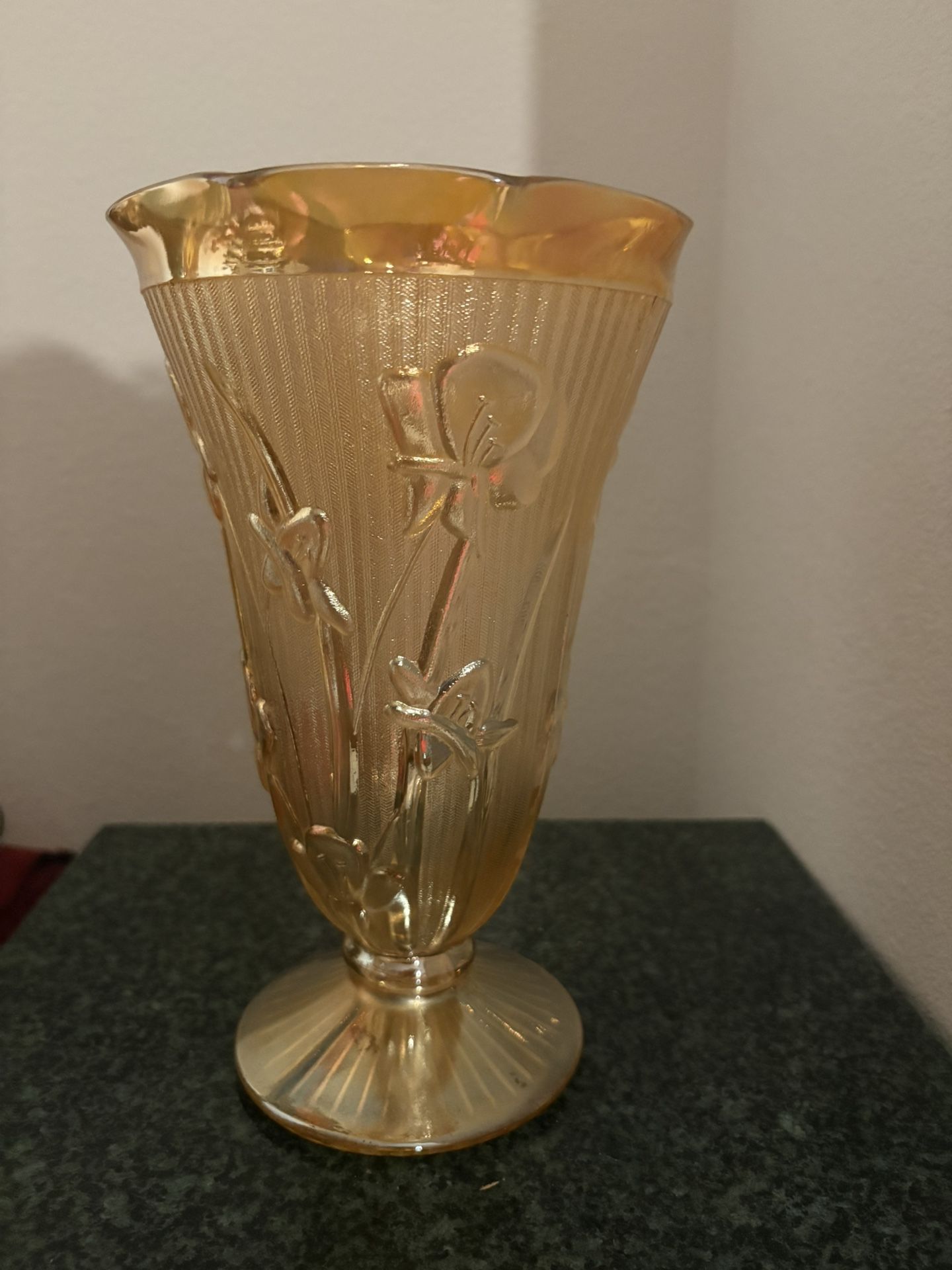 Vintage Jeanette Marigold Carnival Depression Glass "Iris & Herringbone" Vase 9"