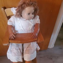 Antique Doll & Wooded High Chair 1940 