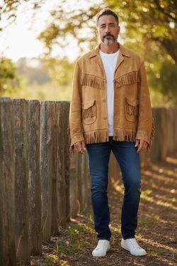 VTG Men’s Handmade Camel Brown Color Suede Fringed Leather Button Front Western Rustic Jacket.