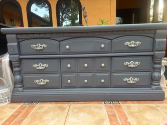 Refinished Gray Wood Dresser with 9 Drawers