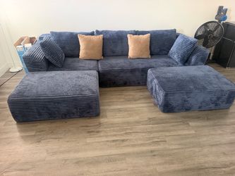 Blue Corduroy Sectional Sofa with Ottomans