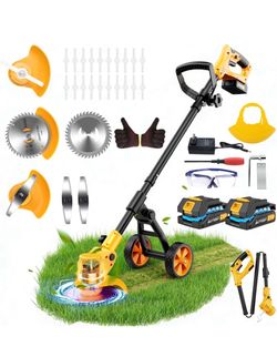 Electric Weed Wacker Cordless with Wheels,Electric Weed Eater Battery Powered,4 in 1 Grass Trimmer/Brush Cutter/Grass Edger/Small Lawn Mower,No String