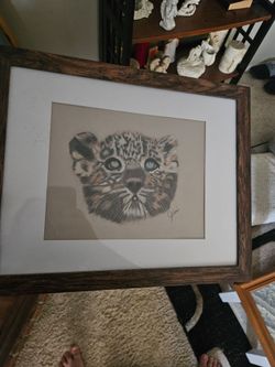 Framed Leopard Cub Pencil Drawing