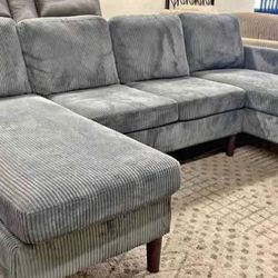 new grey corduroy Sectional Sofa with two chaises.