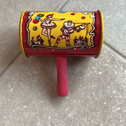 Vintage Kirchhof Tin Drum Barrel Rattle Noise Maker; Salsa Dancers - Red Wooden Handle