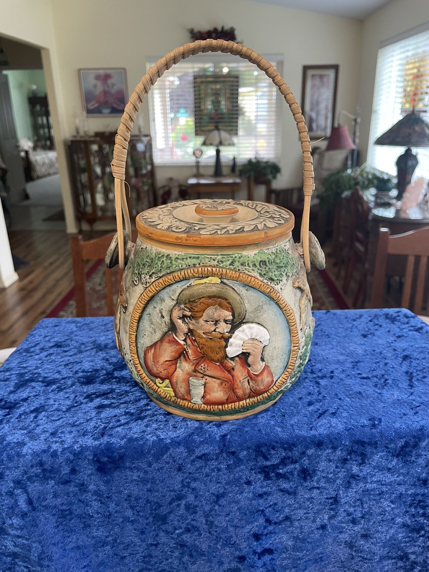 Vintage (MCM) Porcelain/Stoneware Biscuit Barrel/Jar Hand Painted German Theme