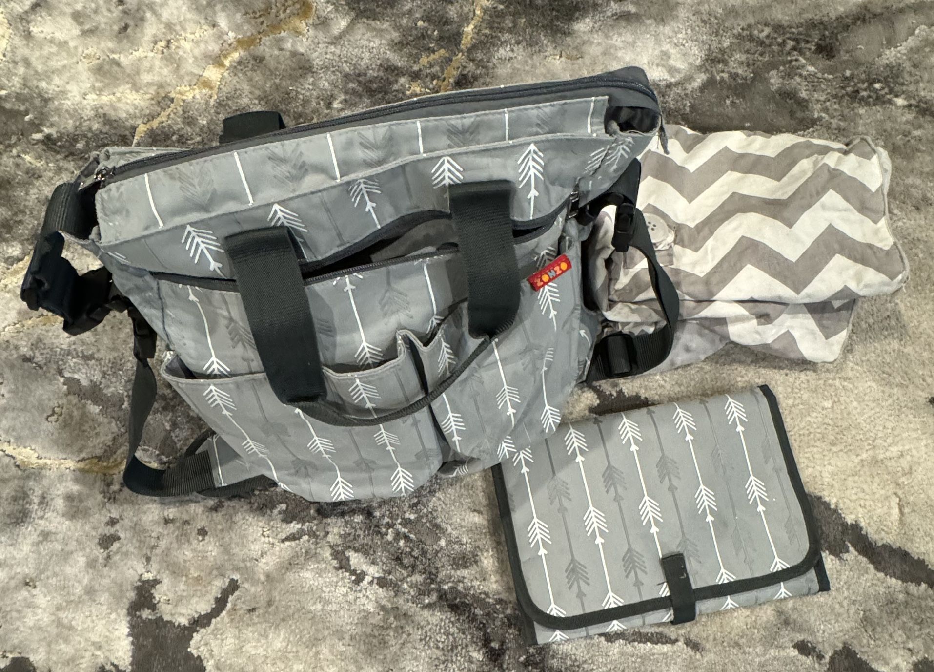 Diaper Bag, Changing Pad and Car Seat Cover 