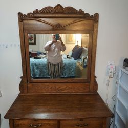 Antique Oak Dresser and Brass Bed