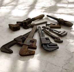Antique RIDGID Pipe Wrench Mixed Tool Lot Vintage Industrial Farmhouse Decor