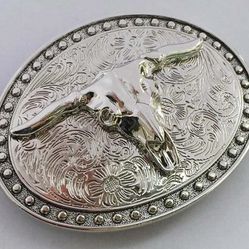 New western silver longhorn steer bull belt buckle See measurements SHIPPING