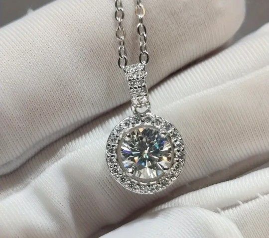 1 Carat Moissanite Halo Pendant with 925 Sterling Silver Necklace