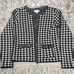 Worthington Women's Open Front Cardigan Size XS Black White Houndstooth Fringes  