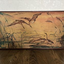 Large Midcentury Japanese Watercolor Painting of Waterfowl on Fabric