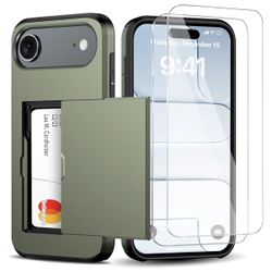 Green iPhone Air Wallet Case with Card Holder 2025 + 2 Tempered Glass