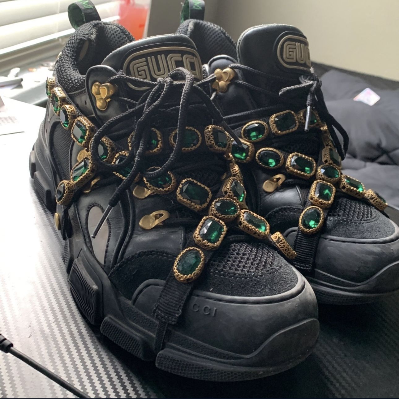 Gucci Flashtrek Removable Crystals Sneakers Black Grey Leather And Mesh Boots