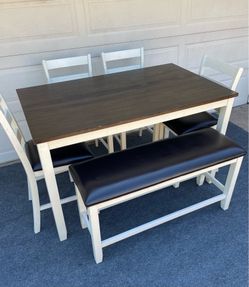 6-PC BROWN / WHITE HIGH TOP DINING SET (DINING TABLE WITH 1 LARGE PADDED BENCH AND 4 PADDED CHAIRS)
