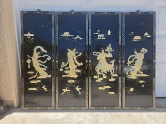 Set of 4 Black Lacquer Asian Wall Panels