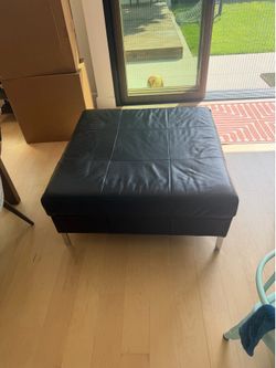 EQ3 Black Leather Ottoman | 38” x 38”