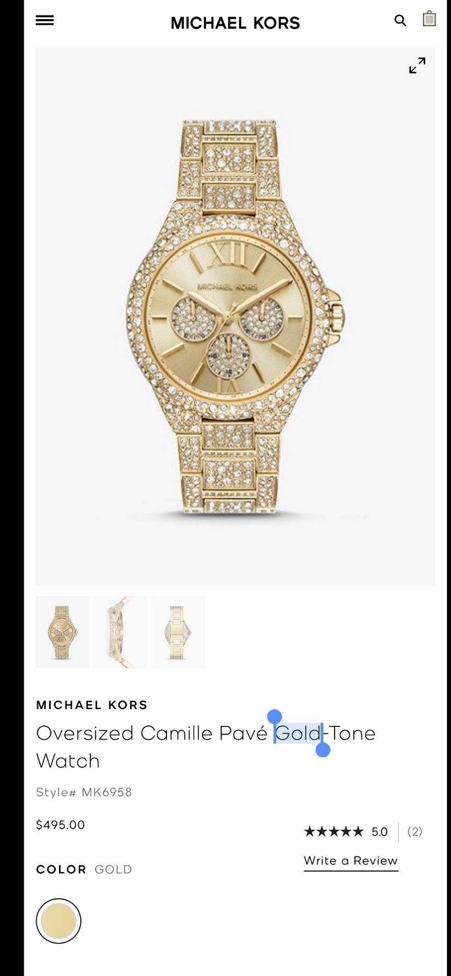 MICHAEL KORS Oversized Camille Pavé Gold-Tone Watch for Sale in