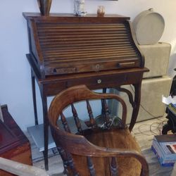 Antique Small Roll Top Desk And Antique Chair