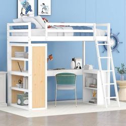 NEW White Twin Wooden Loft Bed with Shelves, Desk, Drawer and Ladder