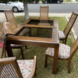 Oak Wood And Glass Dining Table With Leaf And Six Chairs.  OBO