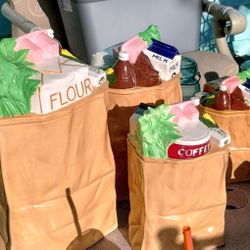 Vintage Hand Painted Ceramic Shopping Bags Kitchen Canister set