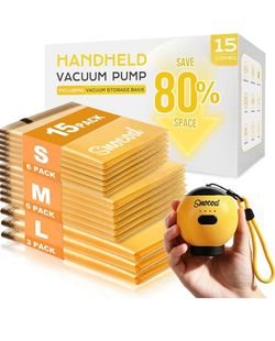 Travel Vacuum Bags with Pump, 15 Pack Vacuum Storage Bags for Clothing, Brushless Motor Type-C Rechargeable Pump, Compression Packing Bags for Travel,