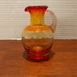 Small Vintage Amberino Crackle Glass Pitcher Yellow Two Small Chips On The Top Sea Last Two Photos 4 1/4” X 3 1/2” B23