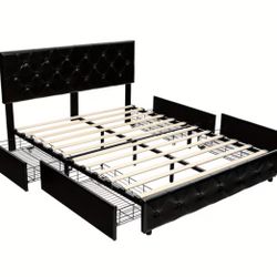 Queen Size Bed Frame Black Leather All Wood Slats Are There Plus Extra Asking 150