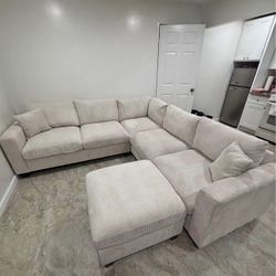 BRAND NEW CREAM/BEIGE  CORDUROY SECTIONAL SOFA WITH OTTOMAN (NEW IN BOXES)