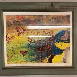Original Colorful Painting Of Girl in Rustic Frame