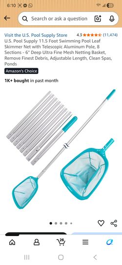 11.5 Foot Swimming Pool Leaf Skimmer Net with Telescopic Aluminum Pole, 8 Sections - 6" Deep Ultra Fine Mesh Netting Basket, Remove Finest Debris, Adj